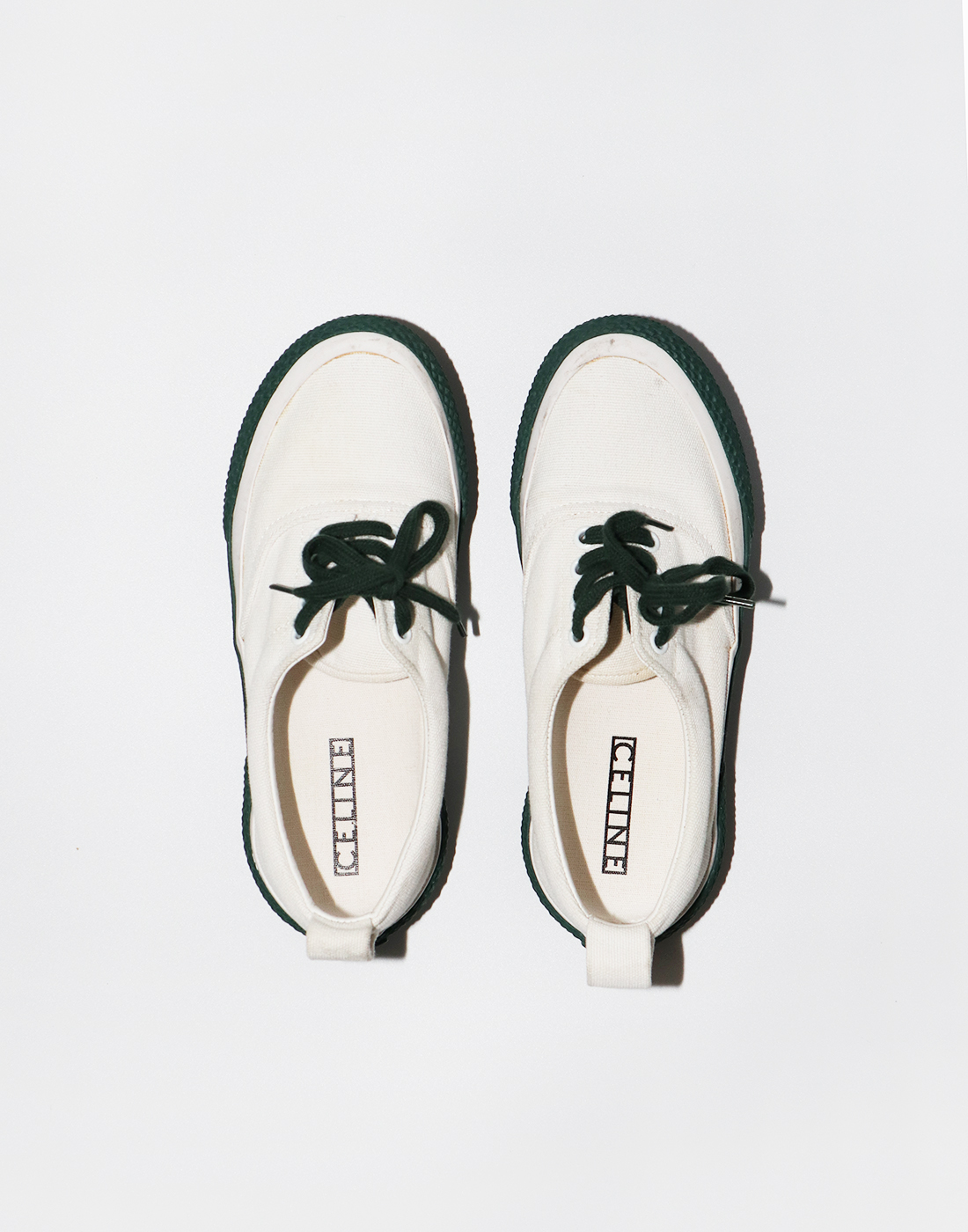 CELINE Old Celine Canvas Lace-Up Sneakers, White/Green